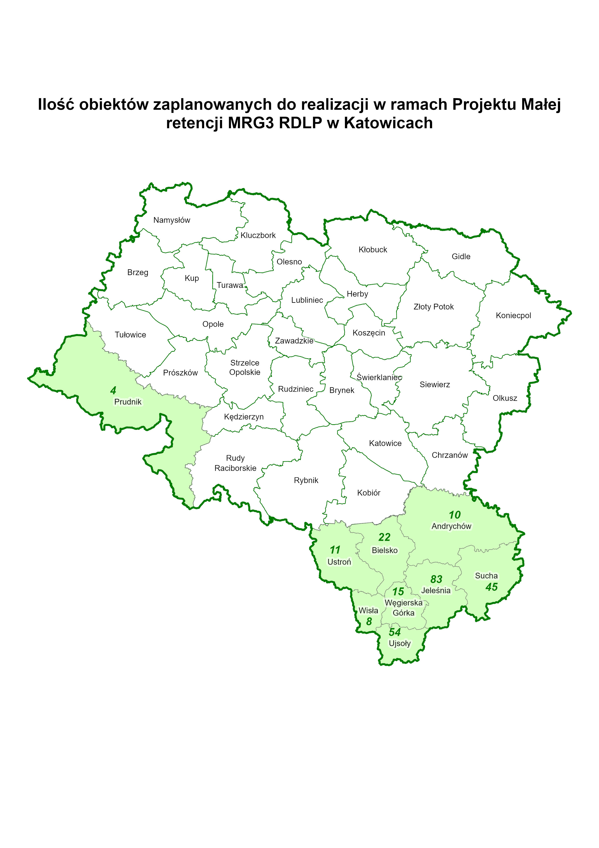 Ryc. 1 Ilość obiektów zaplanowanych do realizacji w ramach projektu MRG3 przez jednostki RDLP w Katowicach