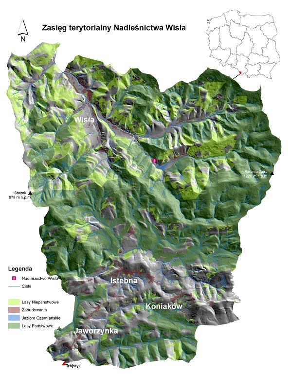 Mapa Zasięgu terytorialnego Nadleśnictwa Wisła